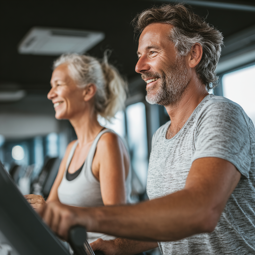 Middle-aged man and woman exercising together in modern fitness facility